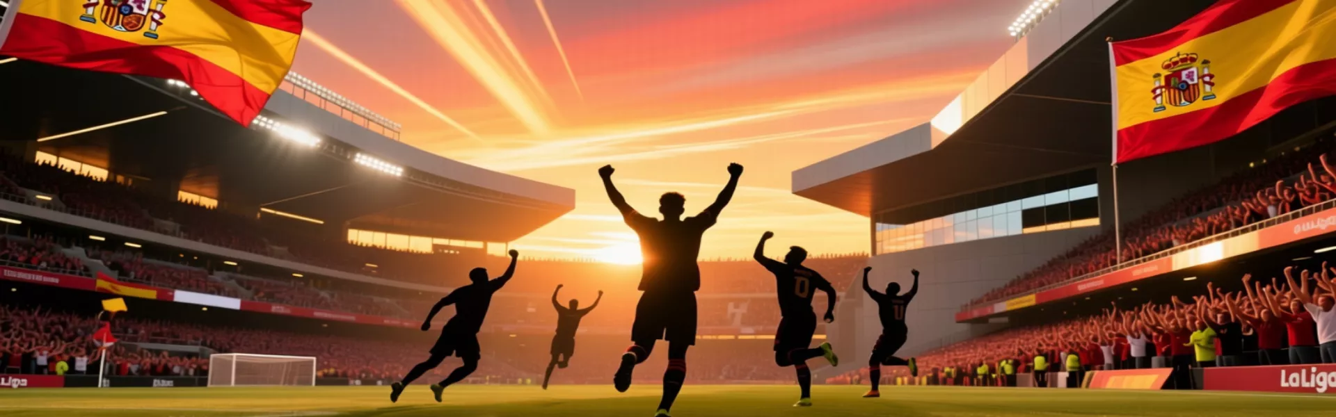 Estadio de La Liga al atardecer con jugadores celebrando
