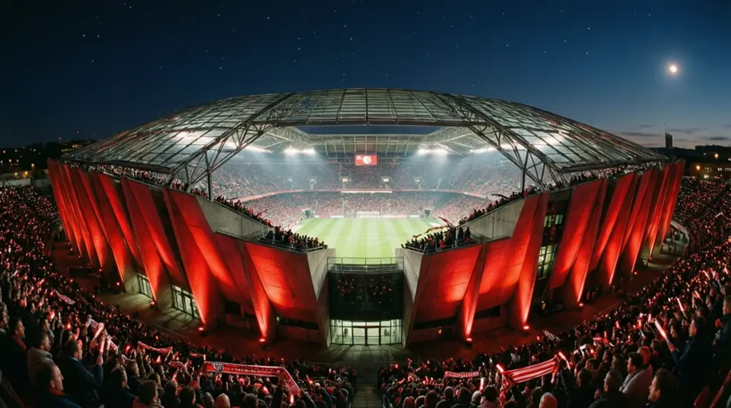 Estadio San Mamés iluminado durante un partido nocturno del Athletic Club