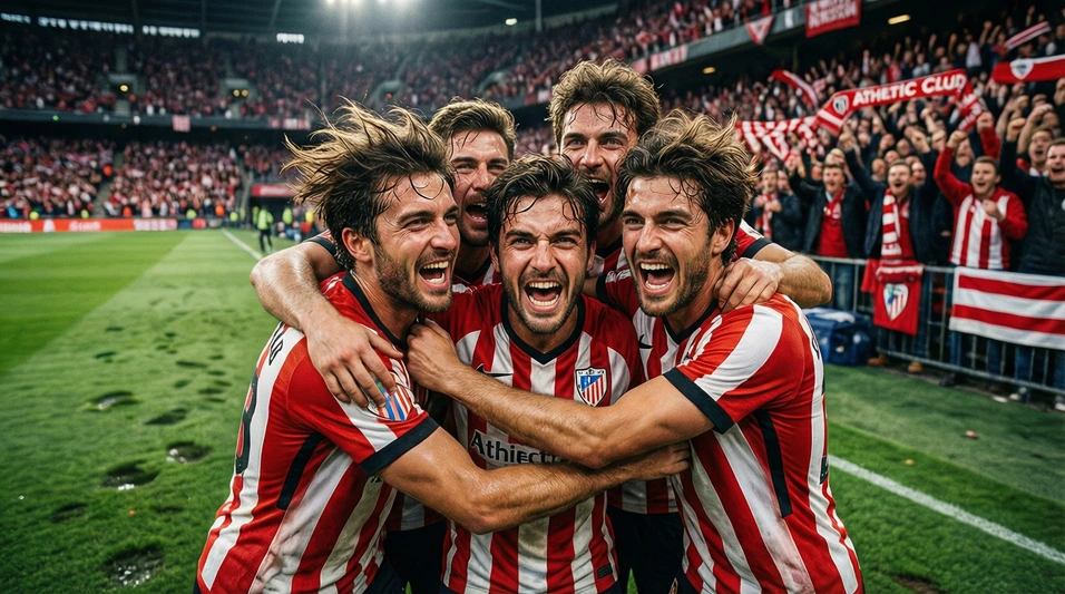 Jugadores del Athletic Club celebrando un gol con intensidad en el campo