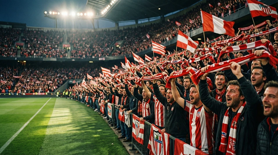 Aficionados del Athletic Club creando ambiente en las gradas de San Mamés