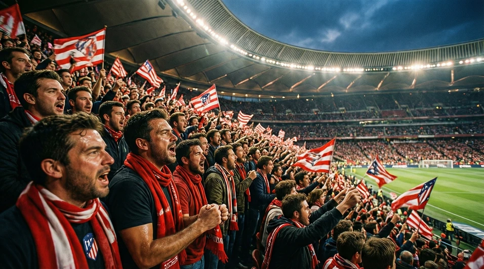 Aficionados del Atlético de Madrid animando en las gradas del Metropolitano con banderas rojibancas