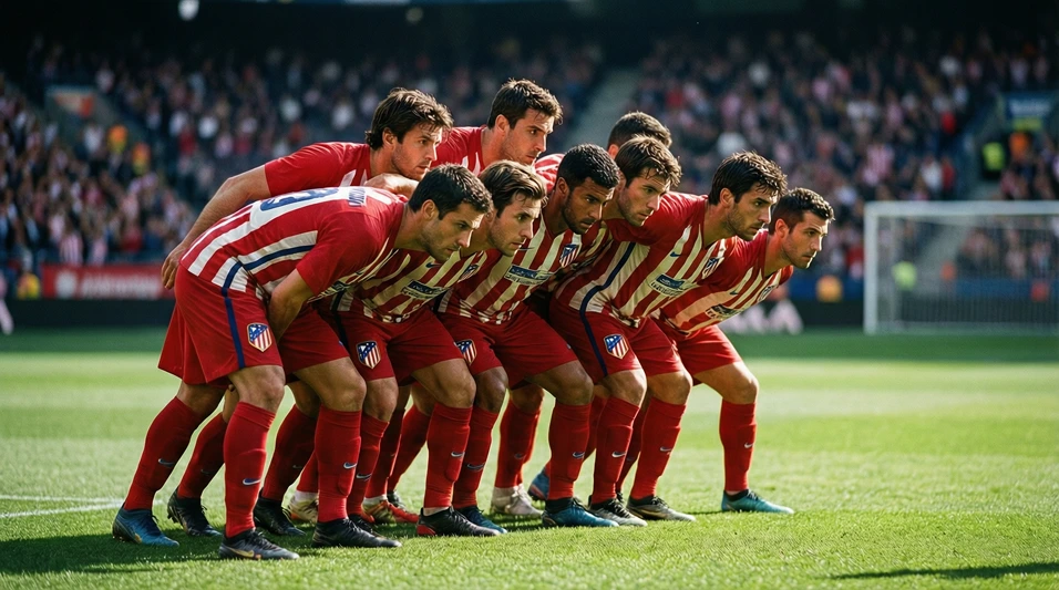 Jugadores del Atlético de Madrid formando un bloque defensivo compacto durante un partido