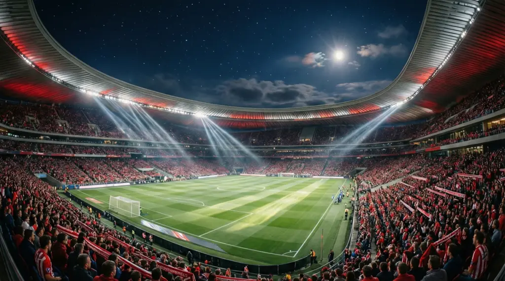 Estadio Cívitas Metropolitano iluminado durante un partido nocturno del Atlético de Madrid