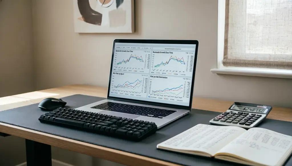 Escritorio de trabajo con ordenador mostrando gráficos de gestión de apuestas deportivas