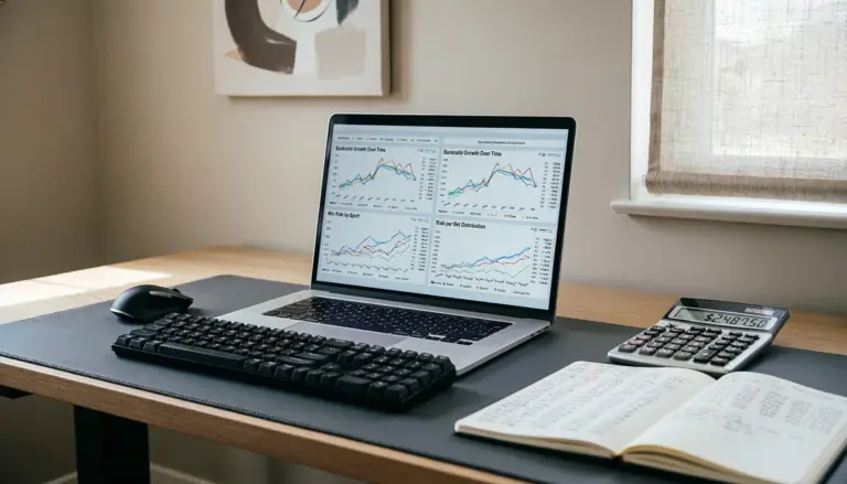 Escritorio de trabajo con ordenador mostrando gráficos de gestión de apuestas deportivas