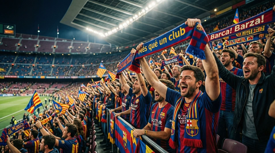 Aficionados del Barcelona en las gradas del Camp Nou con banderas azulgranas