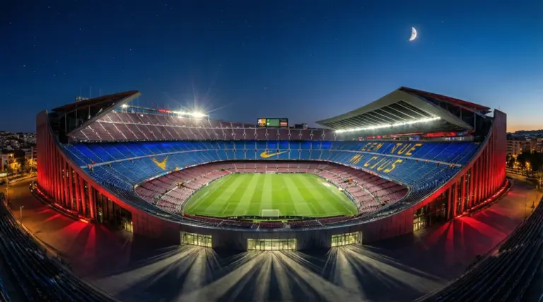 Vista del Camp Nou iluminado durante un partido nocturno de La Liga