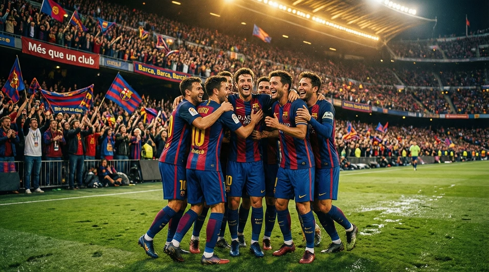 Jugadores del Barcelona celebrando un gol con la afición de fondo