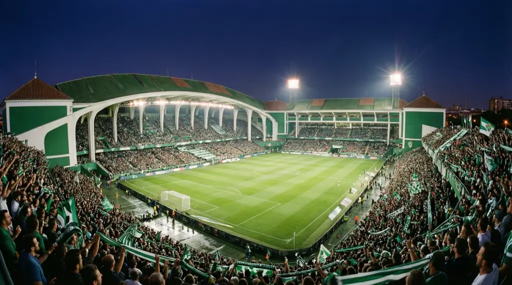 Estadio Benito Villamarín del Real Betis iluminado durante un partido nocturno