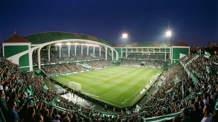 Estadio Benito Villamarín del Real Betis iluminado durante un partido nocturno