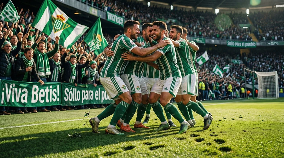 Jugadores del Real Betis celebrando un gol con la afición verdiblanca de fondo