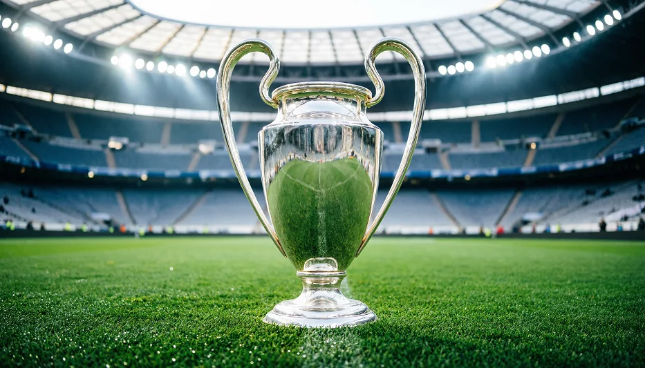 El trofeo de campeón de La Liga sobre el césped de un estadio de fútbol