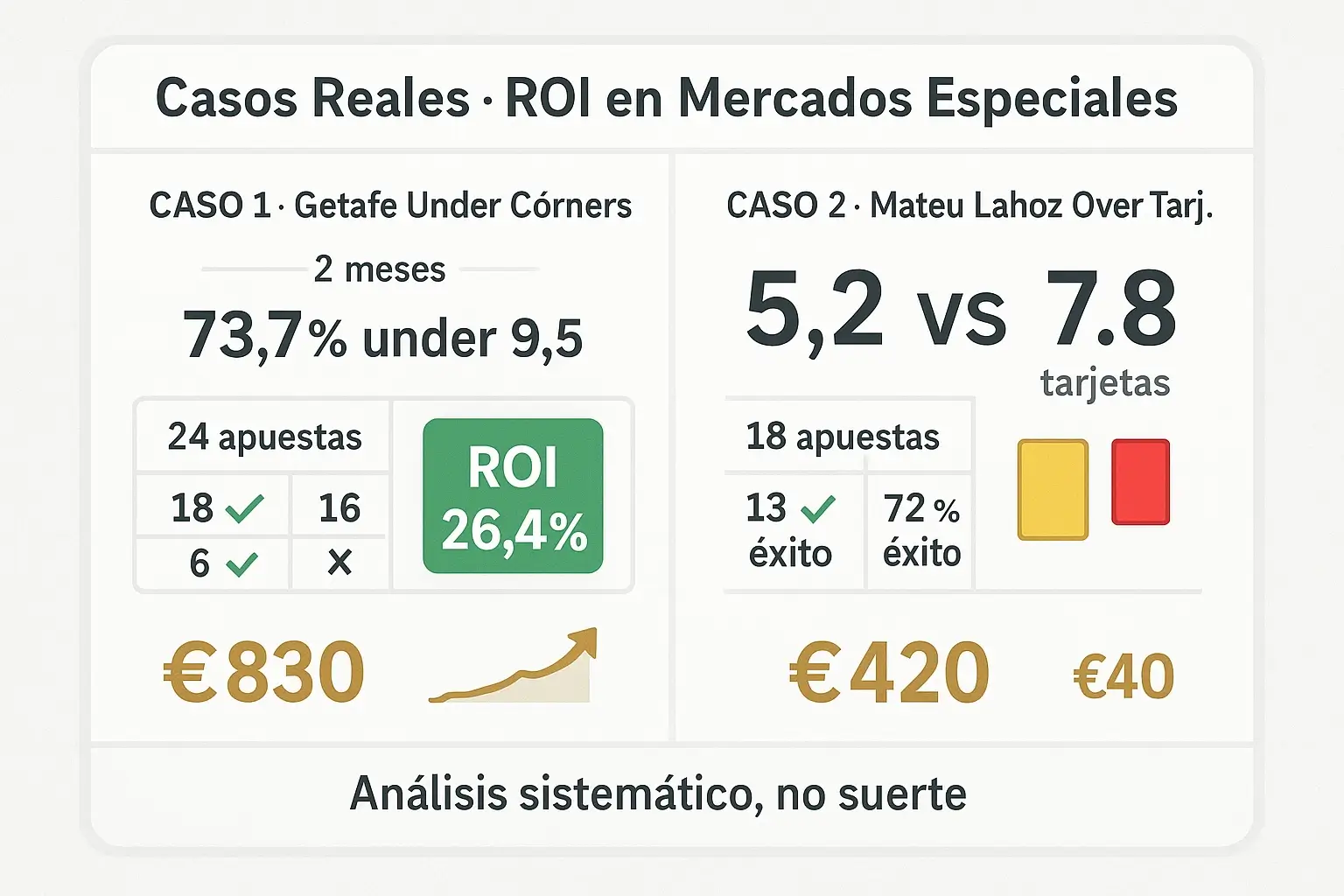 Casos reales de éxito en mercados especiales: Getafe under córners con 26.4% ROI y Mateu Lahoz tarjetas con 72.8% aciertos