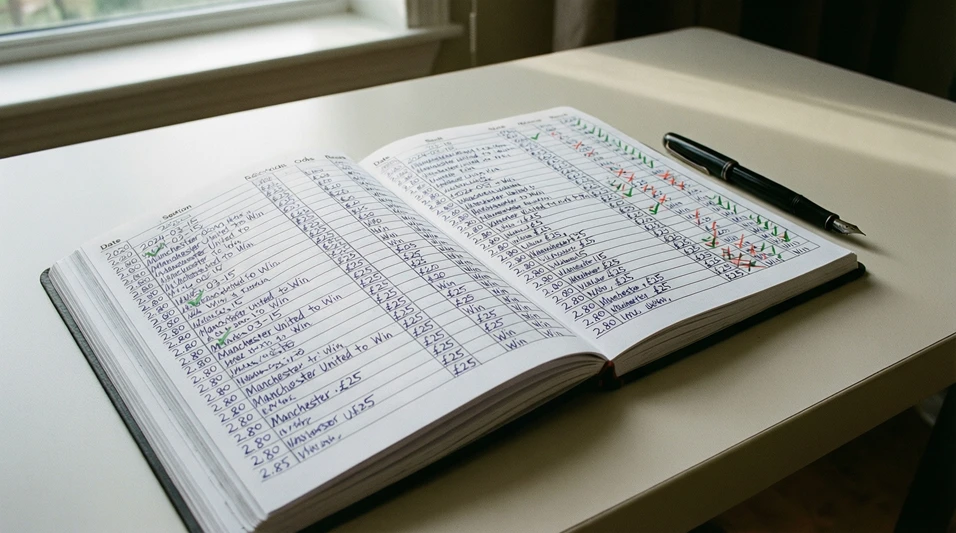 Libreta con registro de apuestas y resultados de partidos de fútbol