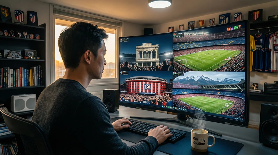 Persona analizando múltiples partidos de fútbol en pantalla dividida