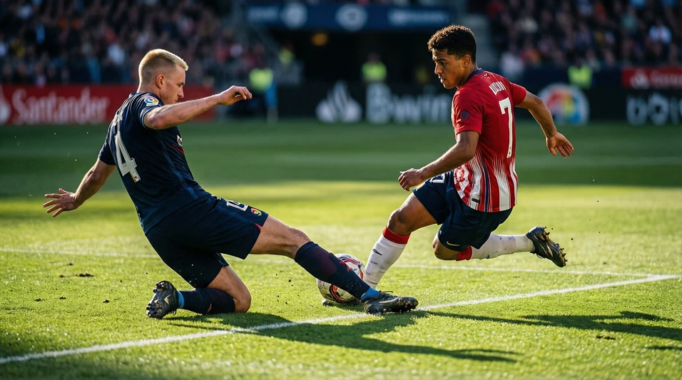 Extremo de fútbol regateando por la banda con defensor intentando cortar el centro