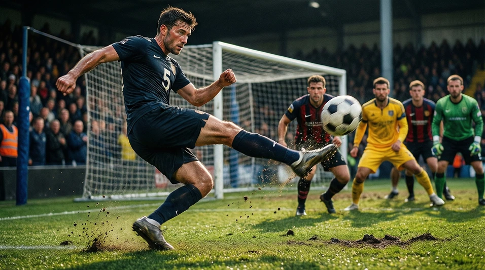 Defensa despejando un balón de cabeza cerca de la línea de fondo durante un partido