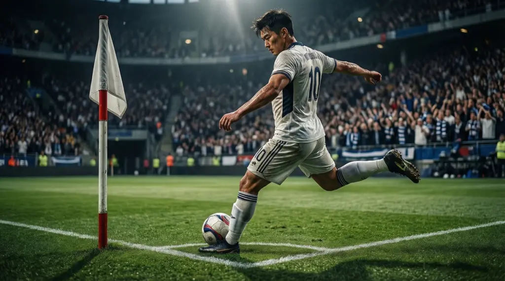 Jugador de fútbol preparándose para lanzar un saque de esquina con banderín de córner visible