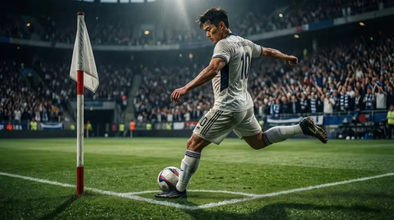 Jugador de fútbol preparándose para lanzar un saque de esquina con banderín de córner visible