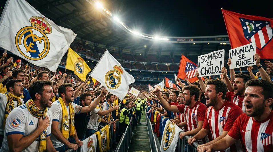 Aficiones del Real Madrid y Atlético de Madrid creando ambiente en las gradas durante el derbi madrileño