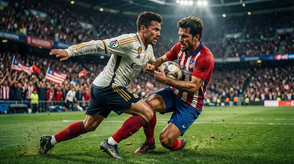Jugadores del Real Madrid y Atlético de Madrid disputando el balón con intensidad durante el derbi