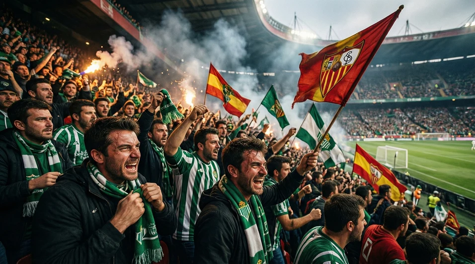 Aficionados del Betis y Sevilla creando ambiente intenso en las gradas durante el derbi