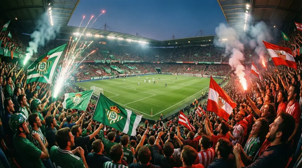 Vista del estadio durante el derbi de Sevilla entre Betis y Sevilla FC con ambiente espectacular