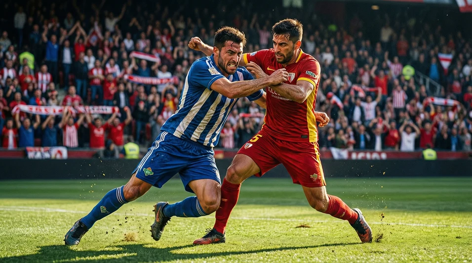 Jugadores del Betis y Sevilla disputando un balón con intensidad durante el derbi sevillano