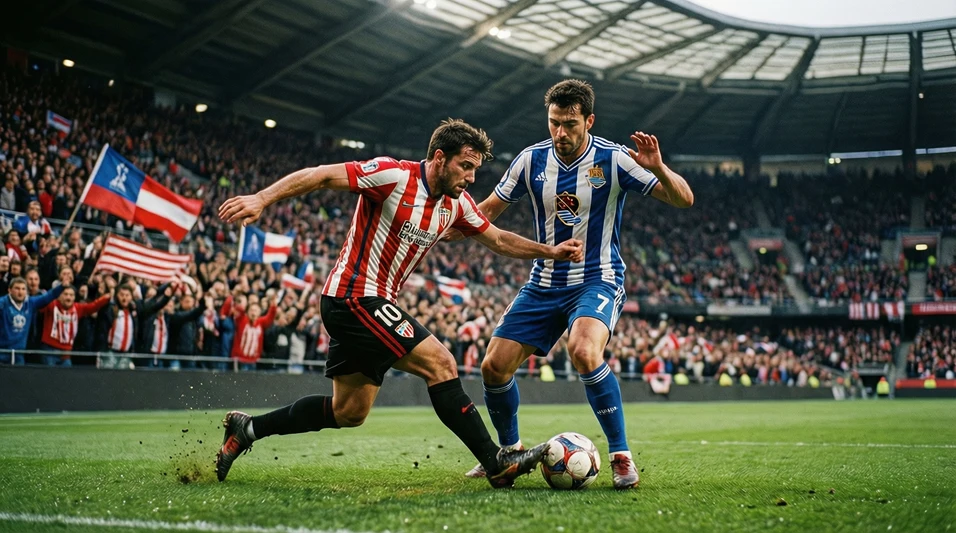 Jugadores del Athletic y Real Sociedad disputando el balón durante el derbi vasco
