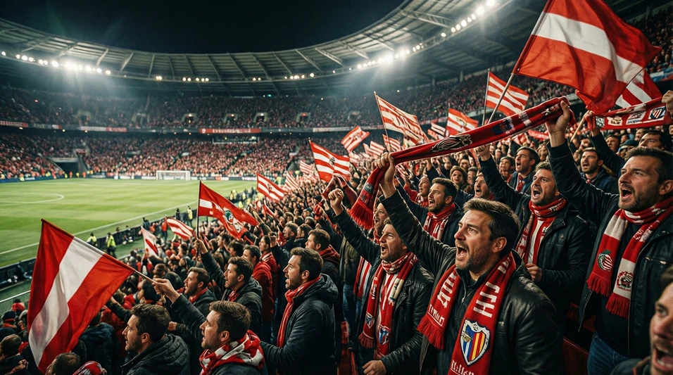 Aficionados del Athletic Club animando en San Mamés durante el derbi vasco