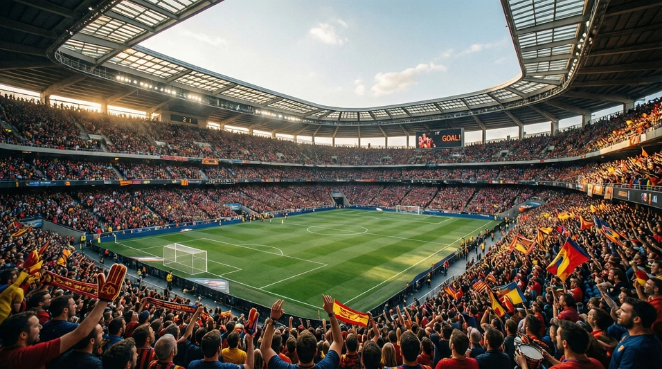 Vista panorámica del interior de un estadio de fútbol español lleno de aficionados