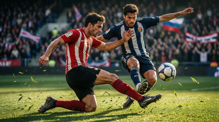 Jugadores de fútbol disputando un balón dividido en el centro del campo