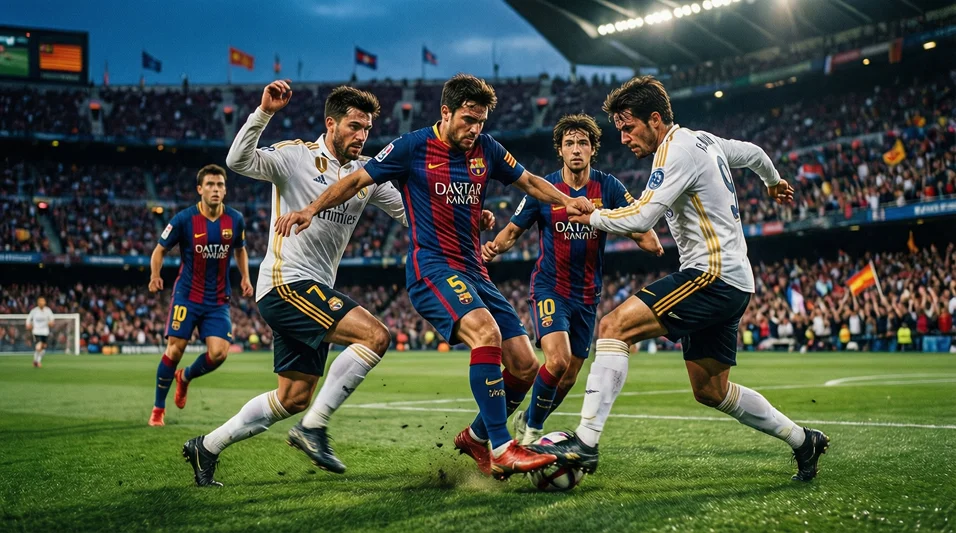 Jugadores de Barcelona y Real Madrid disputando el balón durante El Clásico