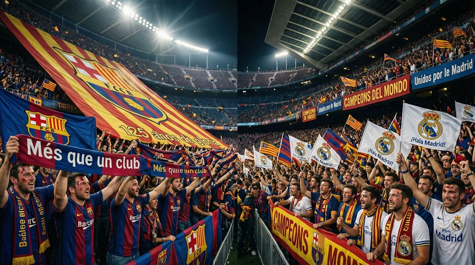 Aficionados de Barcelona y Real Madrid creando ambiente espectacular en las gradas durante El Clásico
