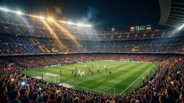 Vista panorámica del estadio durante un Clásico entre Barcelona y Real Madrid con ambiente espectacular