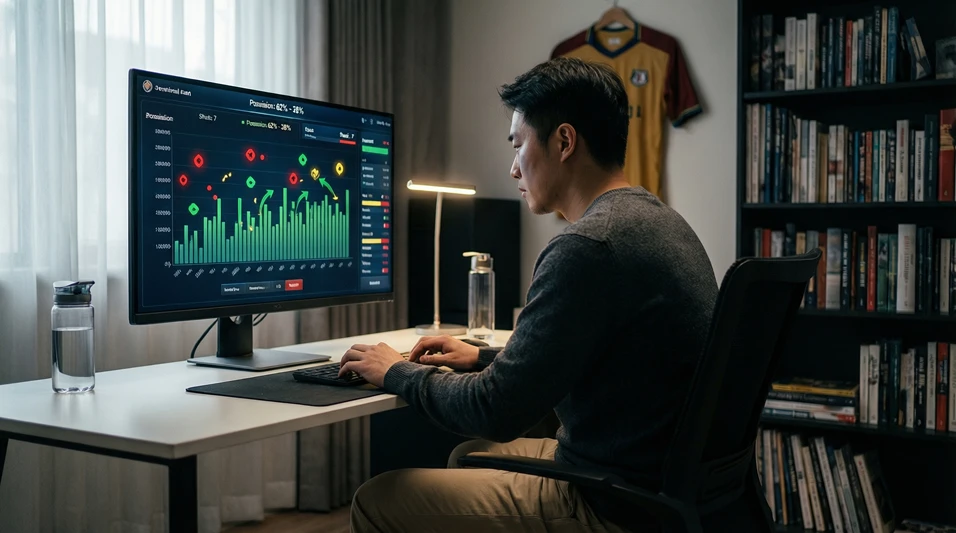 Persona concentrada analizando estadísticas de un partido de fútbol en vivo en pantalla