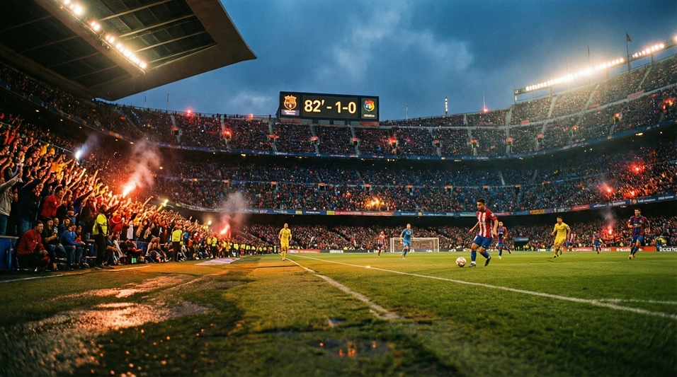 Partido de fútbol en directo con marcador electrónico visible en el estadio