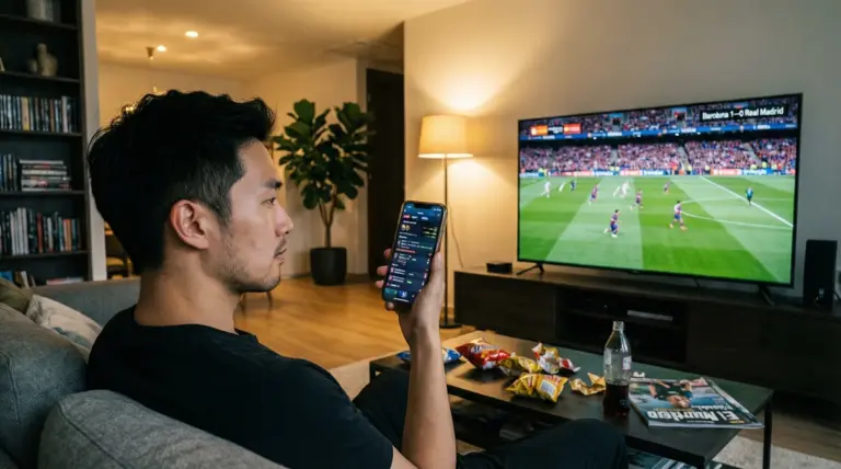 Aficionado viendo un partido de fútbol en televisión con smartphone en mano