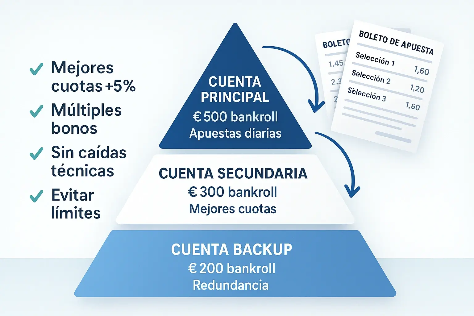 Estrategia de distribución de bankroll en múltiples cuentas de apuestas: 50% principal, 30% secundaria, 20% backup