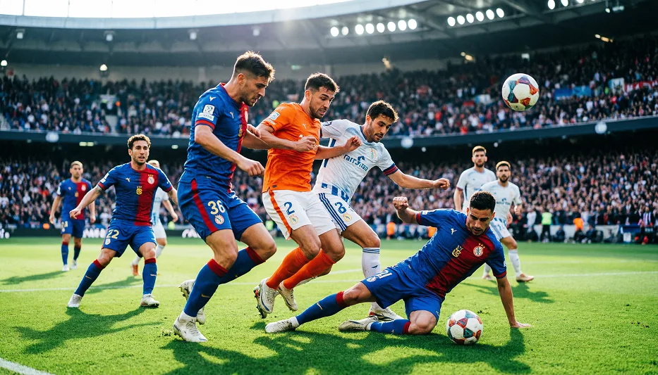 Jugadores de varios equipos de La Liga compitiendo por el balón en un partido decisivo