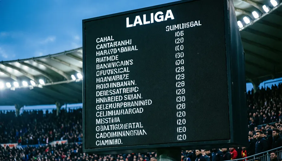 Vista del marcador del estadio mostrando la clasificación de La Liga durante un partido