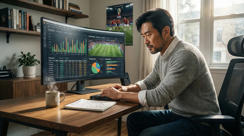 Analista deportivo revisando estadísticas de fútbol en pantalla de ordenador
