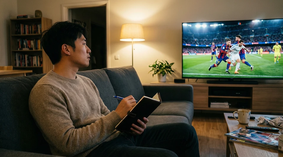 Persona tomando notas mientras analiza un partido de La Liga en televisión