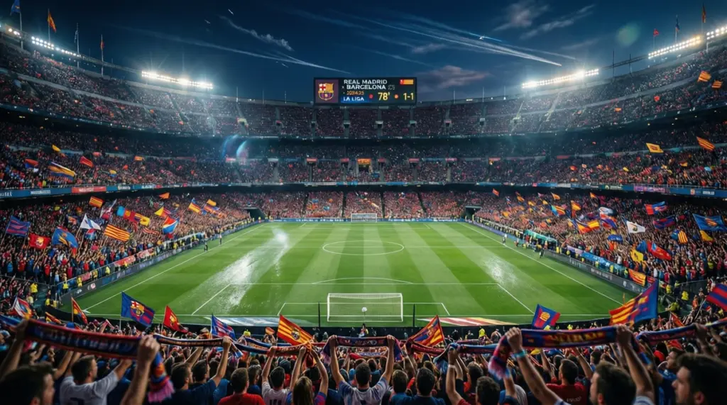 Estadio de fútbol español con aficionados y marcador iluminado durante un partido nocturno