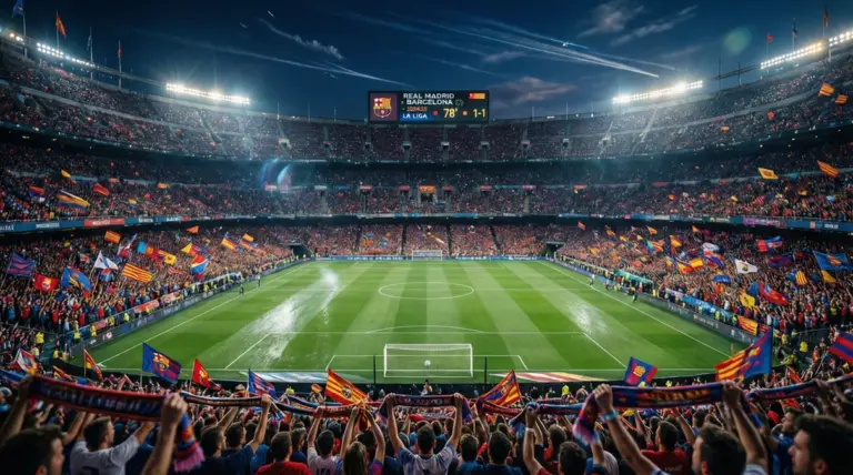 Estadio de fútbol español con aficionados y marcador iluminado durante un partido nocturno
