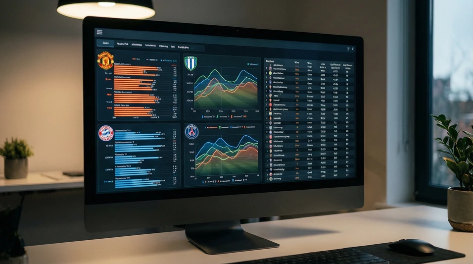 Pantalla de ordenador mostrando estadísticas de goles y rendimiento de equipos de fútbol