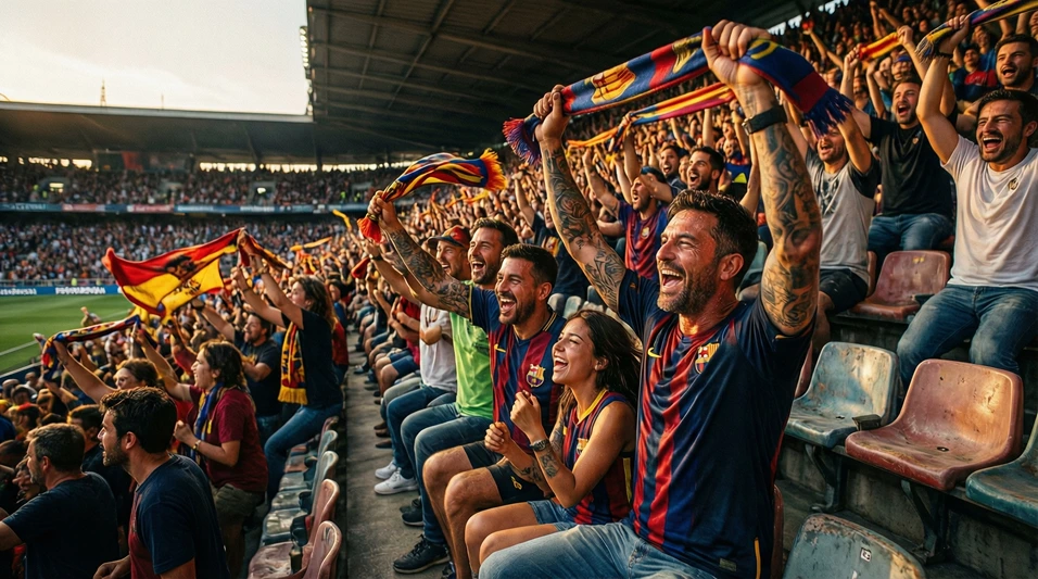 Aficionados de fútbol celebrando un gol en las gradas de un estadio español