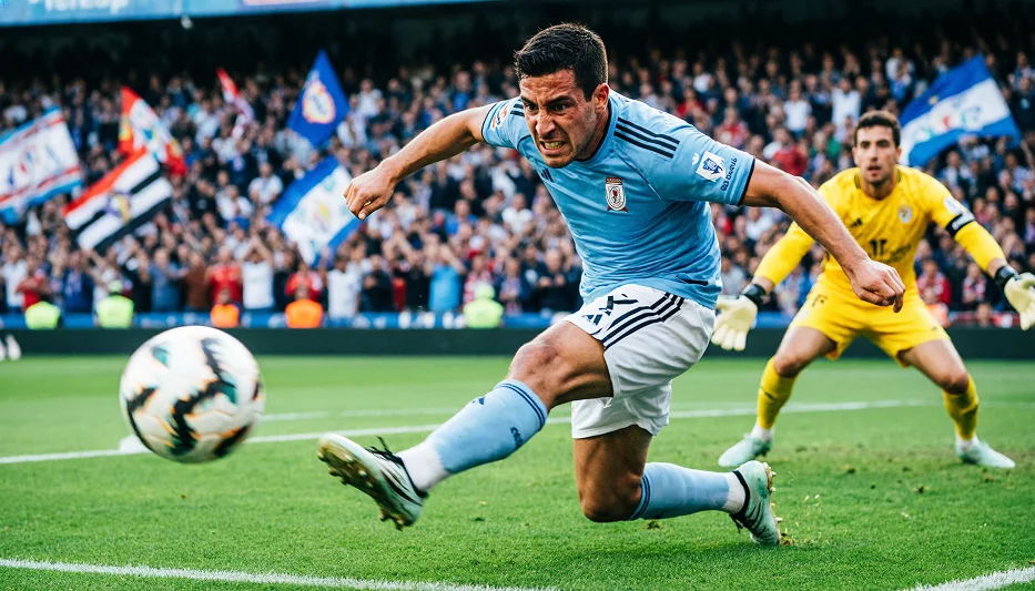 Delantero rematando a portería durante un partido de La Liga