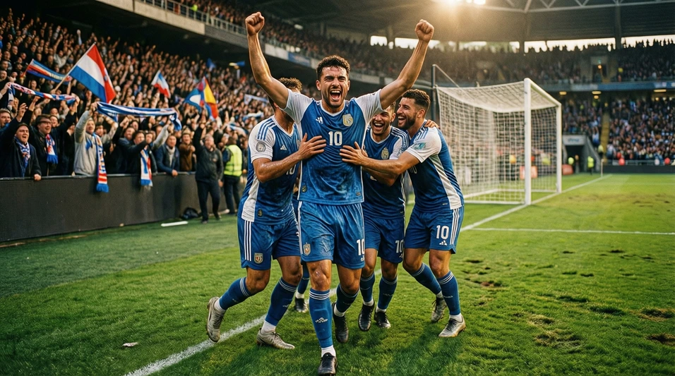 Jugador de fútbol celebrando un gol con sus compañeros de equipo abrazándole
