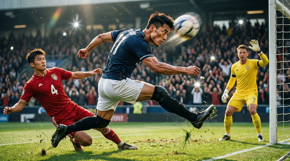 Delantero de fútbol rematando de cabeza un centro en el área rival